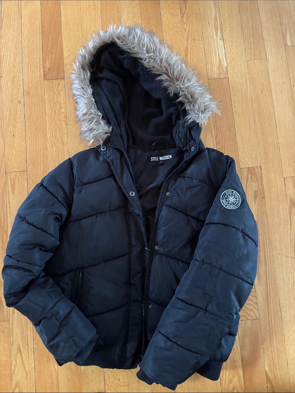 Steve Madden Black Puffer Jacket with Faux Fur Trim Hood